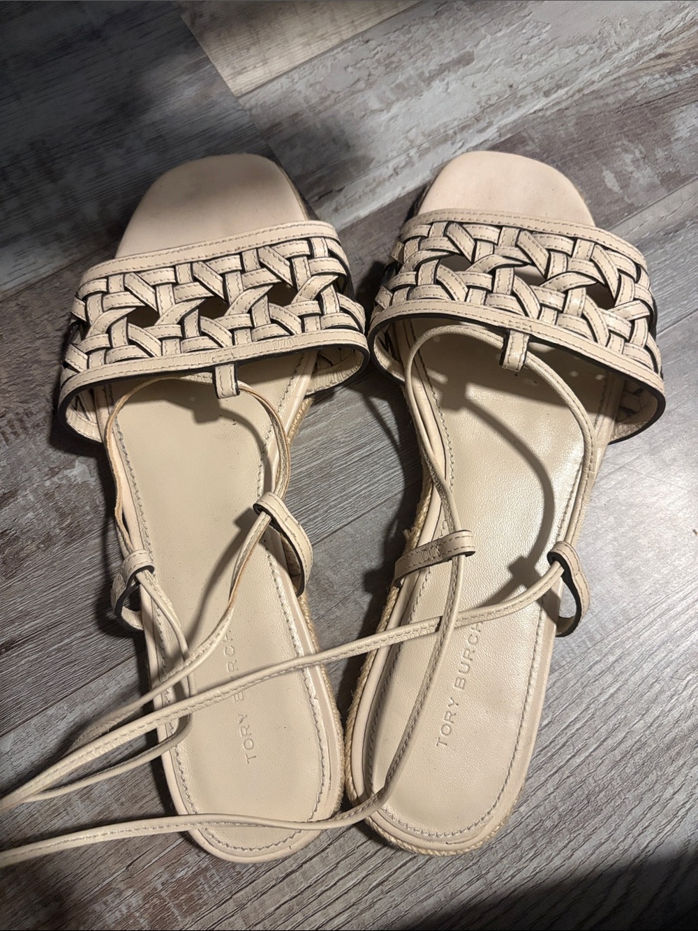 Tory Burch Cream Woven Leather Lace-Up Sandals